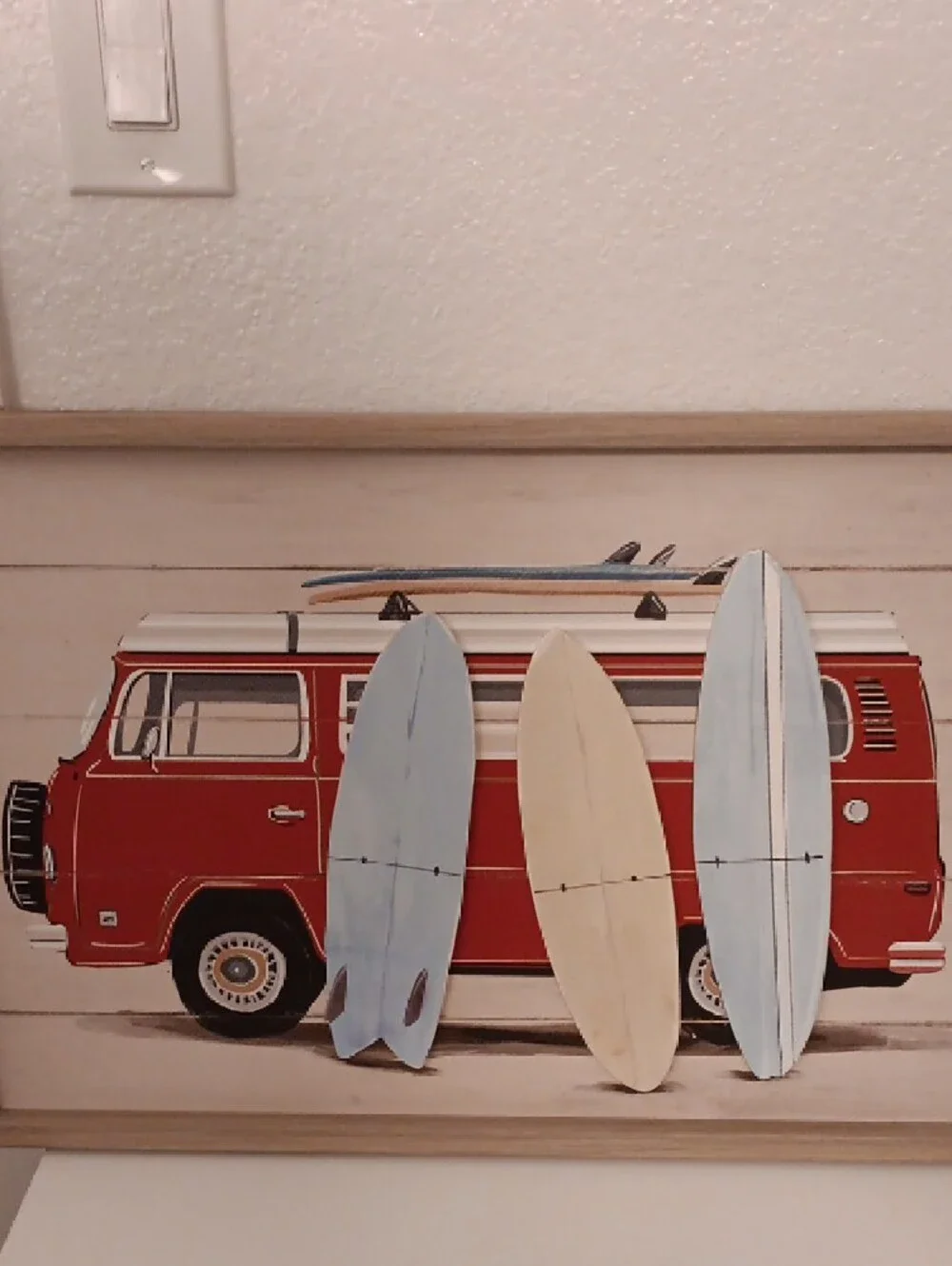 Red VW Camper Van Wall Art with Surfboards - Coastal Accent